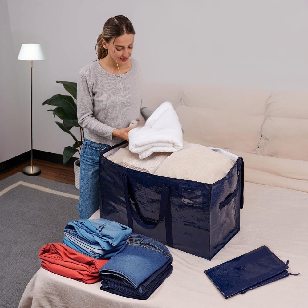 Extra Heavy Duty Large Moving Bags with Strong Zipper & Comfortable Handles, Sturdy & Durable Clothes Storage Bags Totes Bins, Dark Blue Packing Moving Boxes (1-pack)