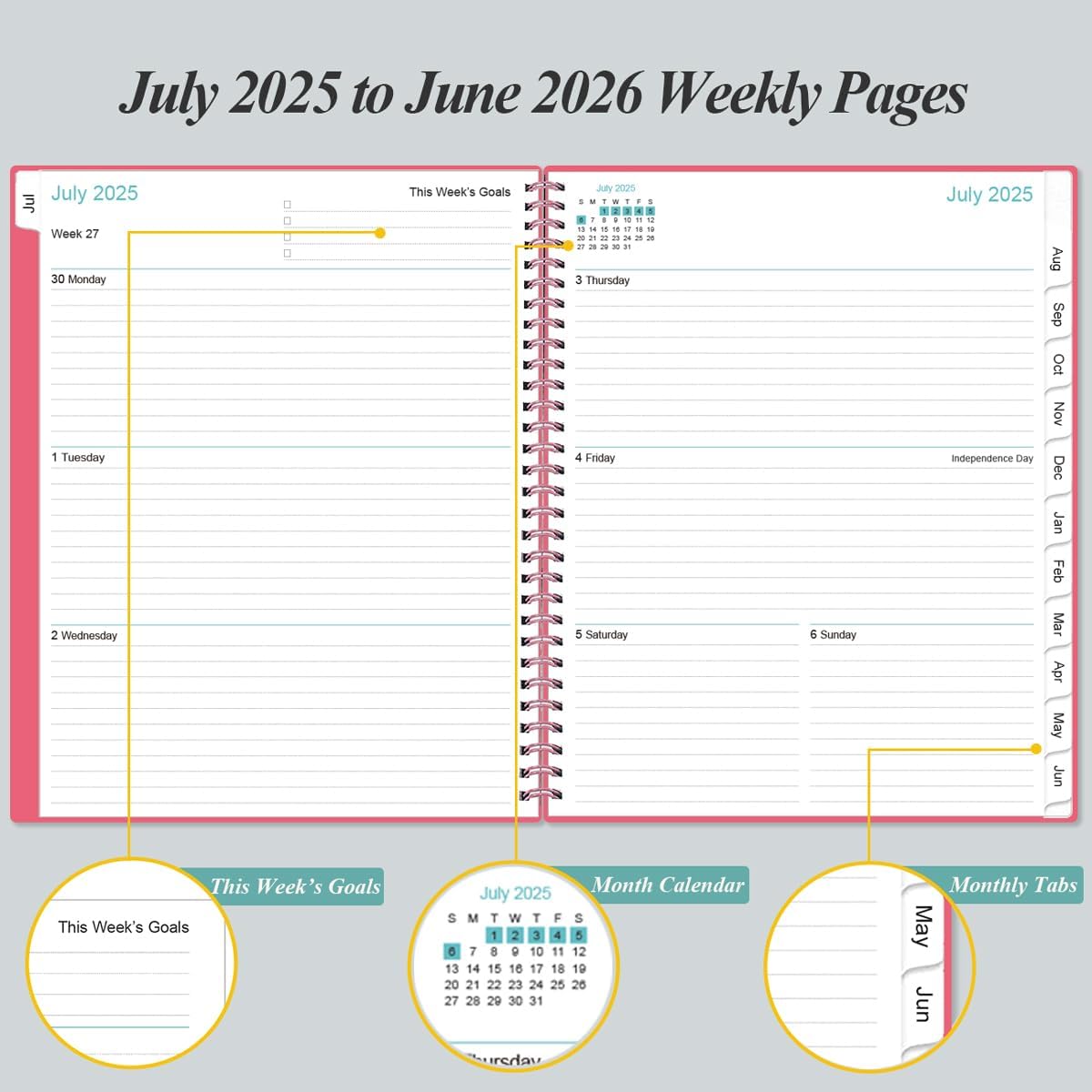 2025-2026 Planner - 8.5" x 11" Weekly Monthly Planner from July 2025 to June 2026, 2025 2026 Planners with 12 Monthly Tabs, Inner Pocket, Elastic Closure, Pink