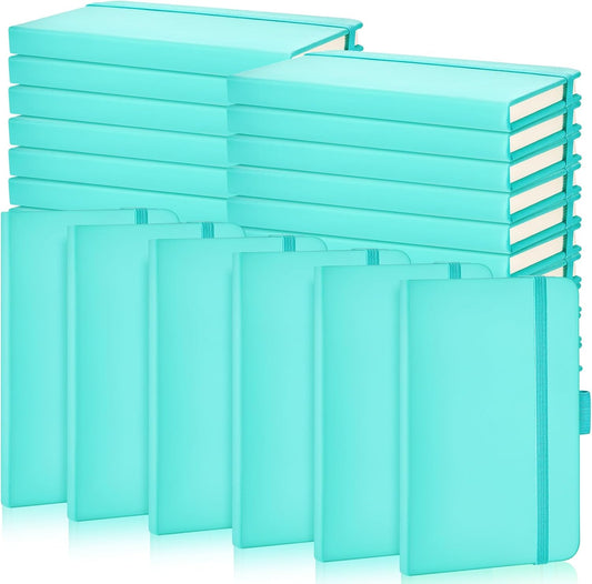 Laumoi Small Notebooks A6 Pocket Journals 3.5 x 5.5 Inch Small Leather Notebook Mini Ruled Lined Journal with Elastic Band Pen Holder Page Marker Ribbons(Light Blue,40 Pieces)