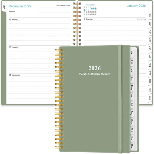 2026 Planner - Planner 2026 from January 2026 - December 2026, Weekly & Monthly Planners Spiral Bound with 12 Monthly Tabs, Inner Pocket, 6.4" x 8.5", Green