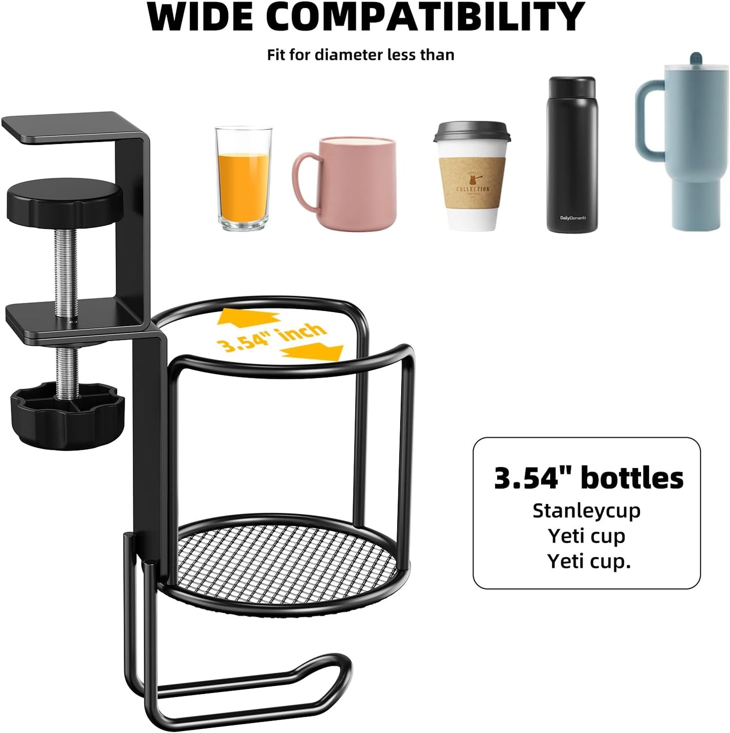 2 in 1 Desk Cup Holder with Headphone Hanger Holder, Anti-Spill Clip-On Table Cup Hook with 360° Rotation for Lawn Chair, Office Home Gaming Table (1 Pack)