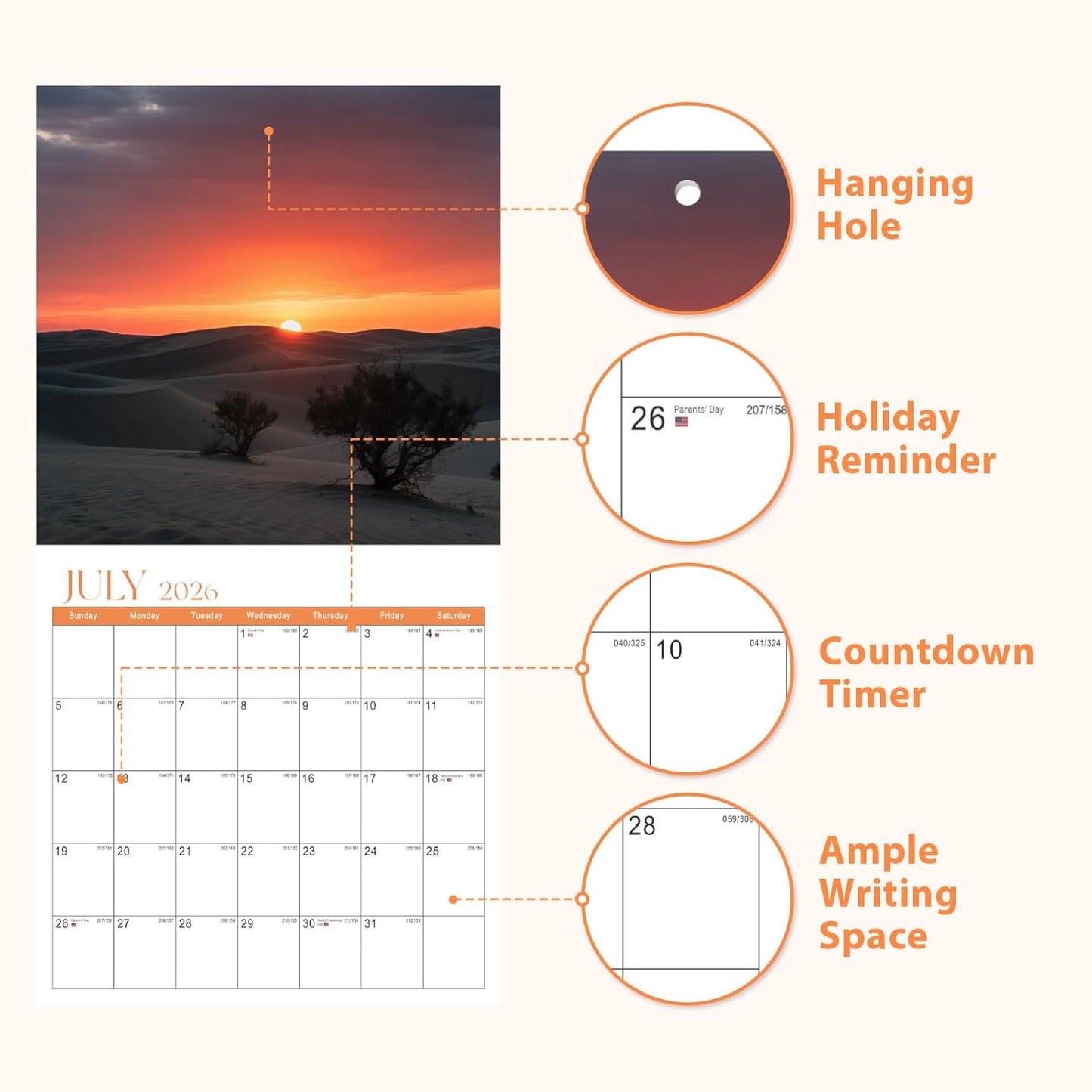 2026 Calendar, 2026 Wall Calendar, Monthly Calendars 12 Month Sunset Sunrise 12" x 24" Opened, Thick Glossy Paper for Organizing Planning, Ideal for Home Office
