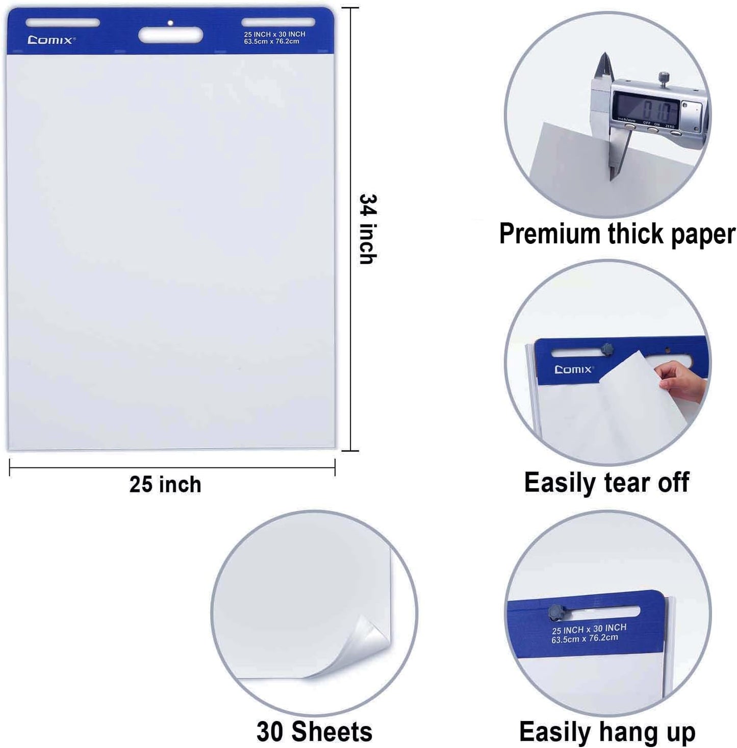 Comix Sticky Easel Pad, 25 x 30 Inches Flip Chart Paper for Teachers, Large Self Stick Easel Paper for Office School Classroom Supplies, 30 Sheets/Pad, 12 Pads/Pack