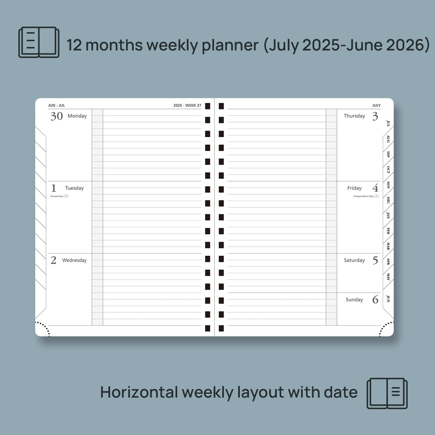 POPRUN Planner 2025-2026, Horizontal Weekly Notebook Jul.25-Jun.26 (Medium 6.75''x 8.75''), Academic Calendar Book with Monthly Tabs, Spiral Soft Cover, Inner Pocket, 100 GSM - Army Green