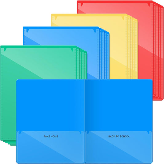Henoyso 24 Pcs Folders with Pocket School to Home Folder Heavy Duty 2 Pocket Homework Folders with Clear Front Pockets for School Students Parent Teacher Communication (Red,Yellow,Blue,Green)