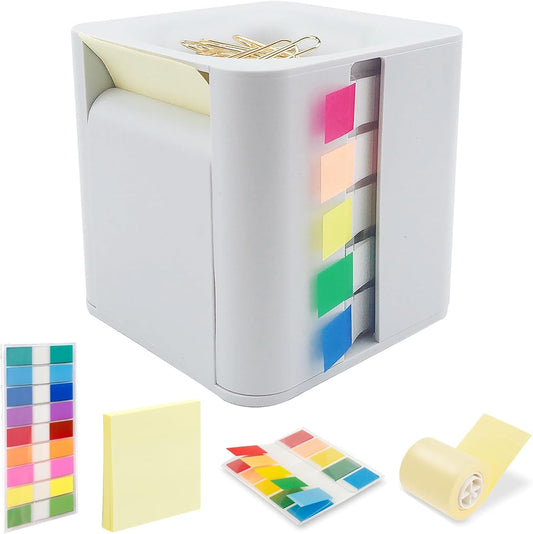 Sticky Note Holder and Dispenser with Magnetic Paper Clip Holder, 3x3 Pop-Up Note and Annotation Labels,Full Adhesive Note Roll Desktop Organizer.5-in-1 Multi-Function Standing Sticky Note Box(White)