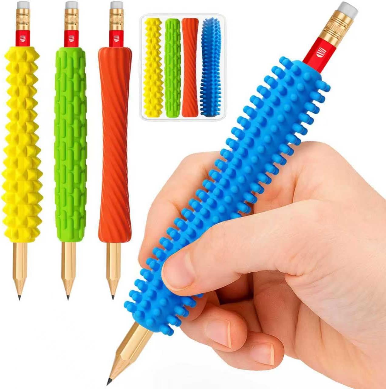 4-Pack Textured Silicone Pencil Grips-Autism Anxiety Relief for Kids & Adults,ADHD Tools & Sensory Focus,Quiet Classroom&Travel Fidget Tool for Focus,Keep Calm.