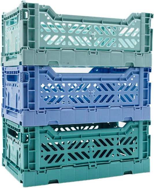Collapsible Storage Box, Foldable Crate Organizer Bin with Handle, Stackable Crates for Home Organization (Blue, 4L - 3-Pack)