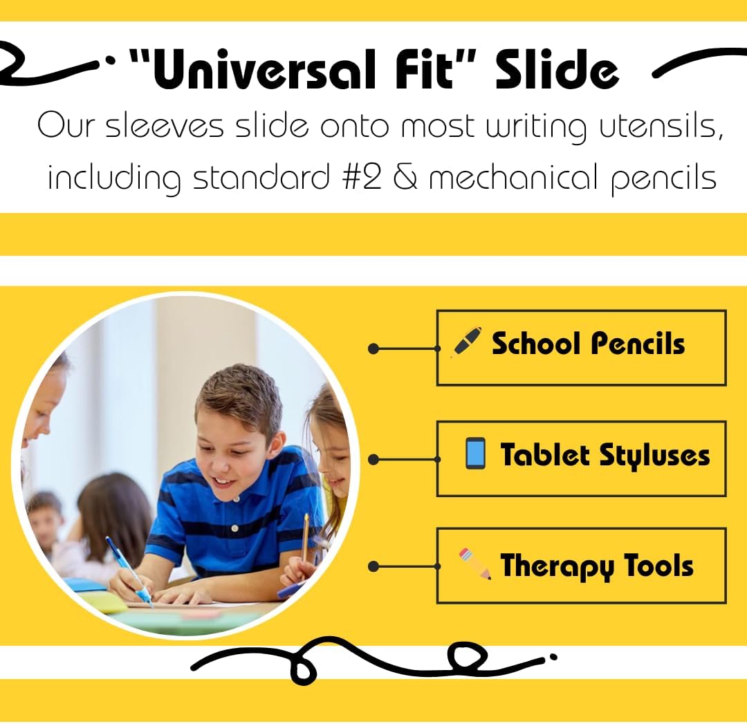 Write Right Learning Pencil Sleeves – Soft Textured Silicone Grip for Handwriting Support and Silent Fidgeting – Sensory-Friendly Tool for Students, Teachers, Therapists, and All Ages – 4 Pack