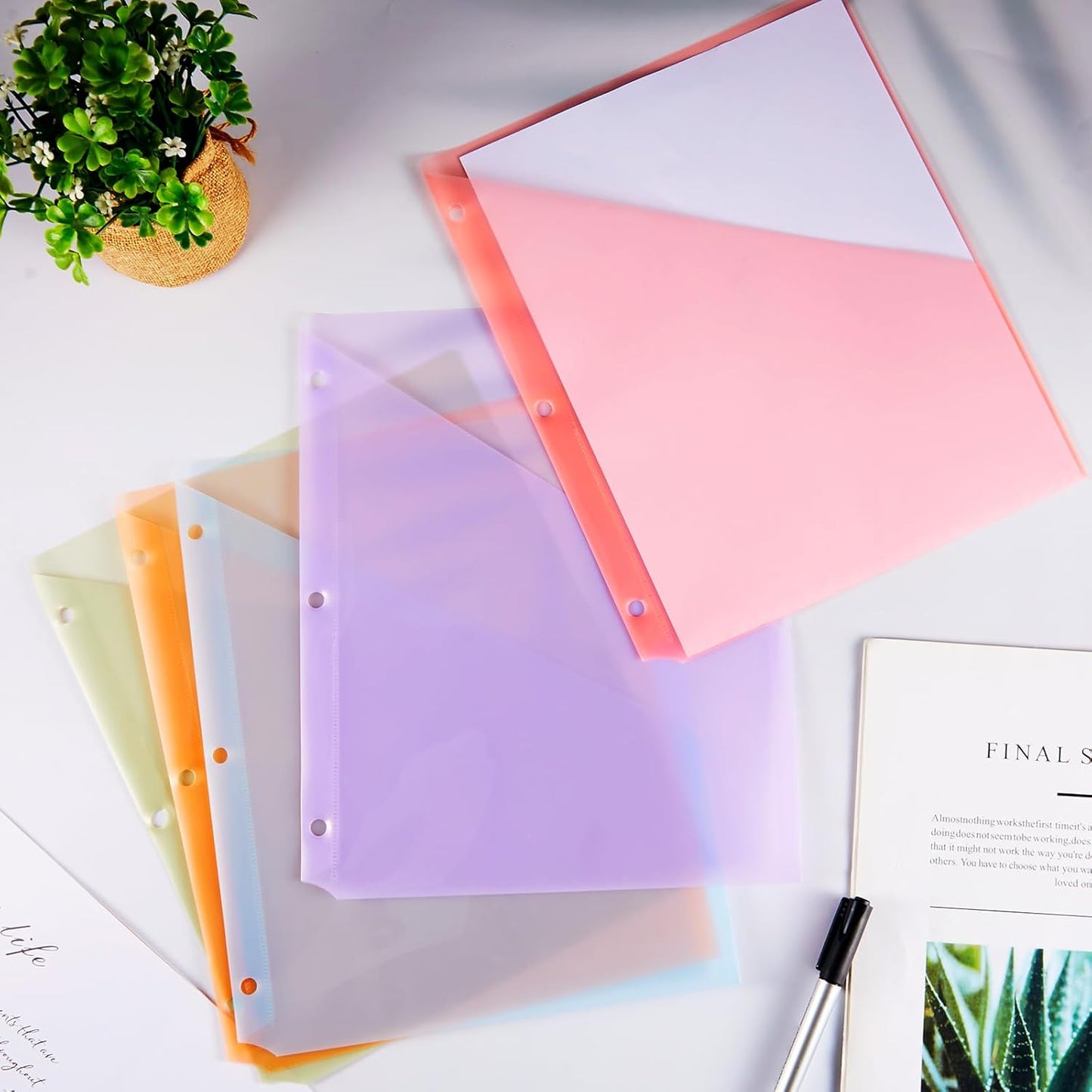 Maitys 50 Pack Binder Pockets 3 Hole Punch Clear Plastic Document Folders Binder Organizer Store Letter Size 8.5x11 Inch Paper Folders with Pockets Slash File Jacket for Office (Pastel Colors)