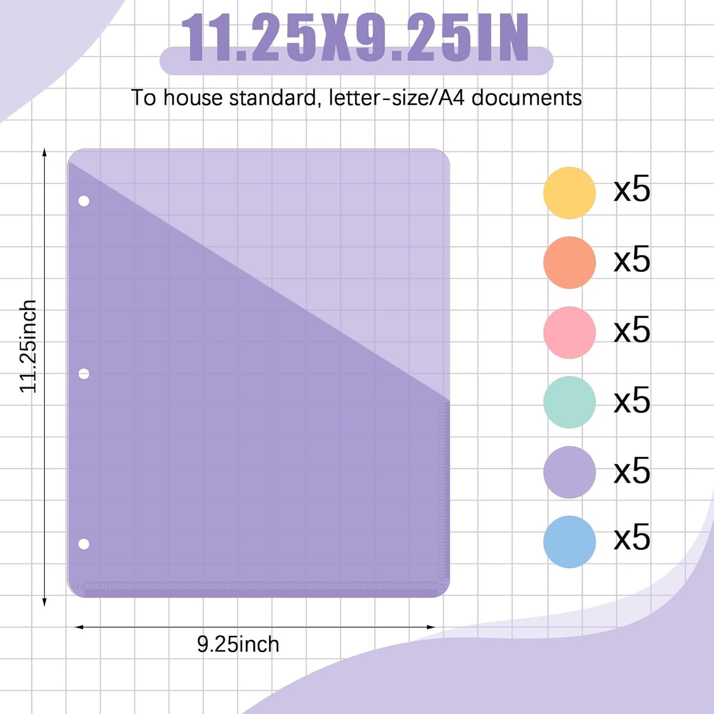 Maitys 30 Pack Binder Pockets 3 Hole Punch Clear Plastic Document Folders Binder Organizer Store Letter Size 8.5x11 Inch Paper Folders with Pockets Slash File Jacket for Office (Light Color)