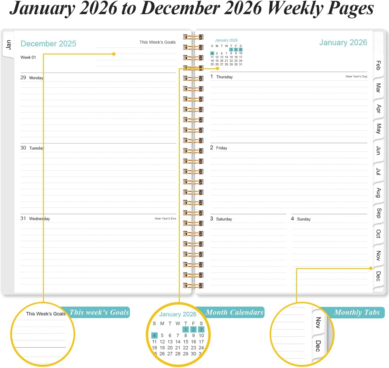 Planner 2026 - A5 Weekly & Monthly Planner Spiral Bound, January 2026 to December 2026, Planners 2026 with Flexible Cover, Tabs, Inner Pocket, 6.4" x 8.5", Teal Flowers