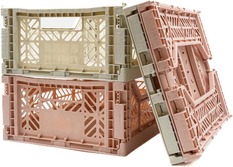 Collapsible Storage Box, Foldable Crate Organizer Bin with Handle, Stackable Crates for Home Organization (MilkTea-LightGray, 14L - 4 Pack)