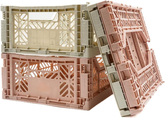 Collapsible Storage Box, Foldable Crate Organizer Bin with Handle, Stackable Crates for Home Organization (MilkTea-LightGray, 14L - 4 Pack)