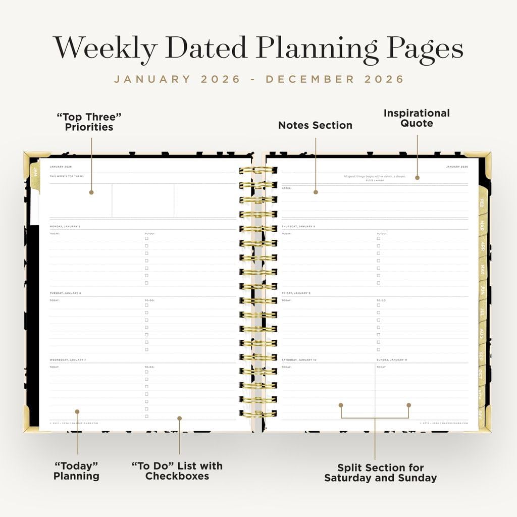 Day Designer 2026 Weekly Planner – Premium Planner for Stylish Organization. Combines Weekly & Monthly Calendars, Daily Schedule, Notes Pages, Goal Setting, Stickers, Pocket & More. Elegant Laminated Cover with Gold Accents (Painted Leopard Design - 2026)