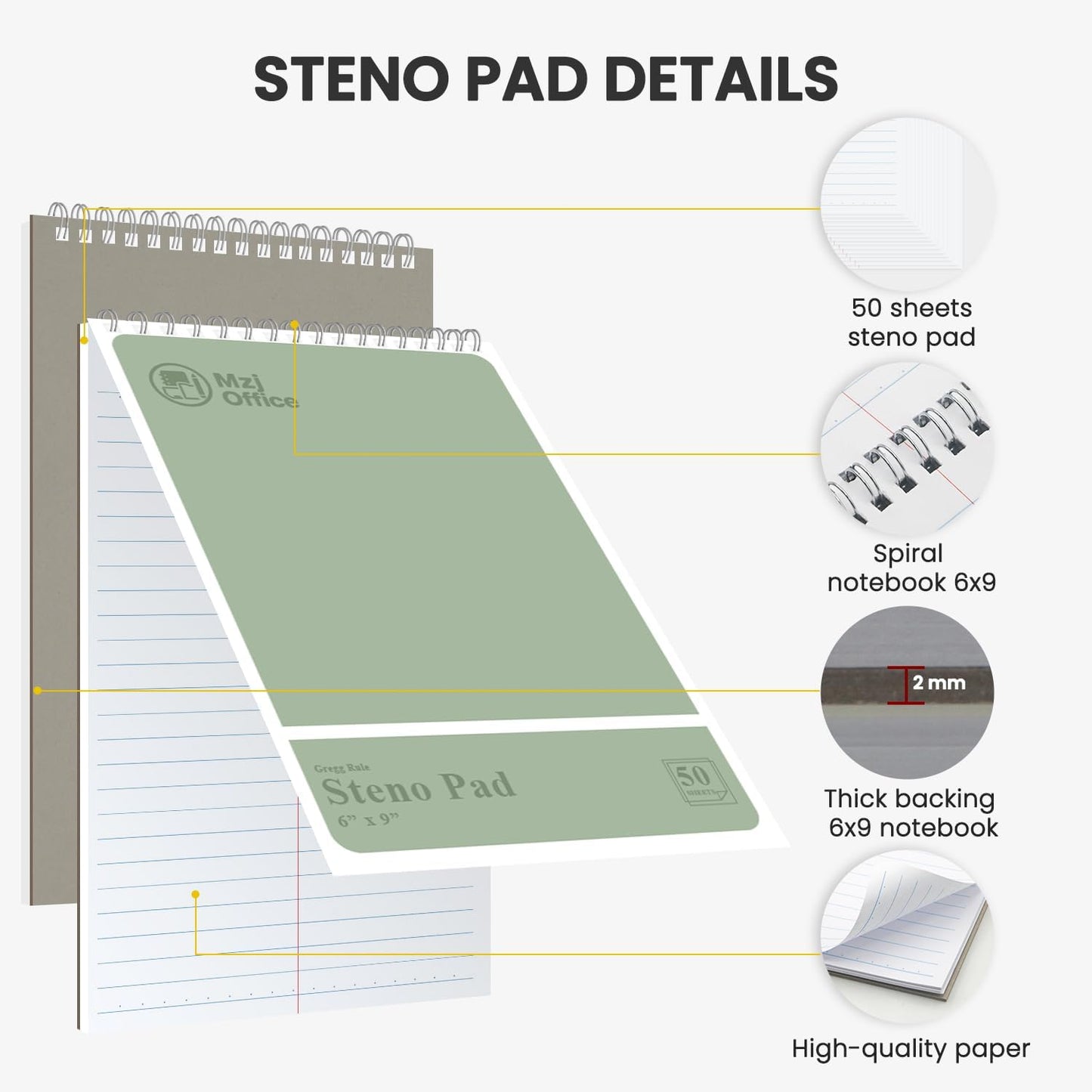 Steno Notebooks Top Spiral 6x9 | Steno Pads -5 Assorted Color | Steno Notepad Gregg Ruled | Spiral Notepads for Work, School, College, Office Note Taking | Professional Notebooks for Work.