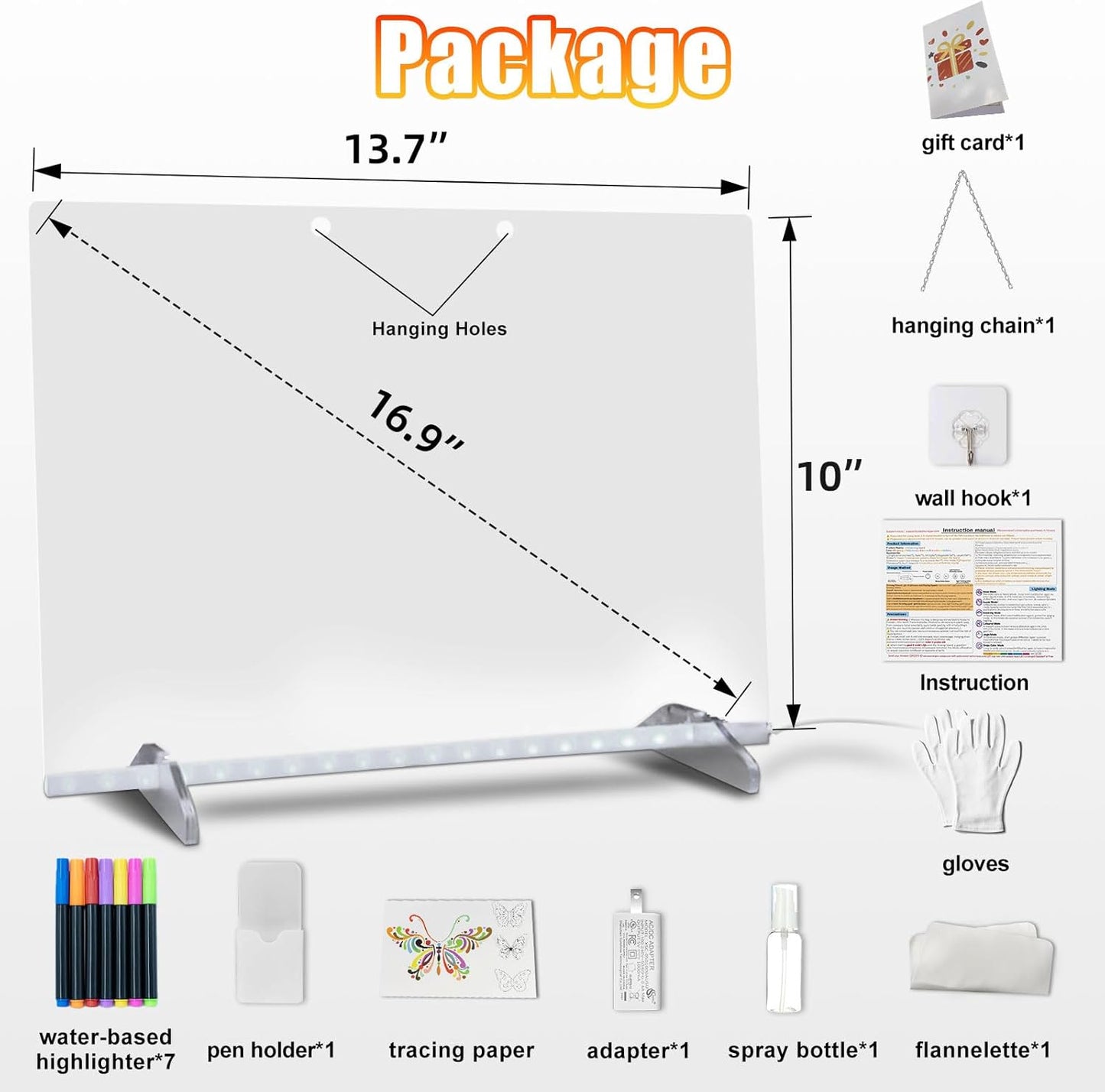 LED Note Board with Colors, 13.7"X10" 6 Modes & 8 Colors Acrylic Dry Erase Boards with Light, Include Adapter, Hanging Chain, Led Drawing Board for Kids with Stand,7 Markers, Spray Bottle