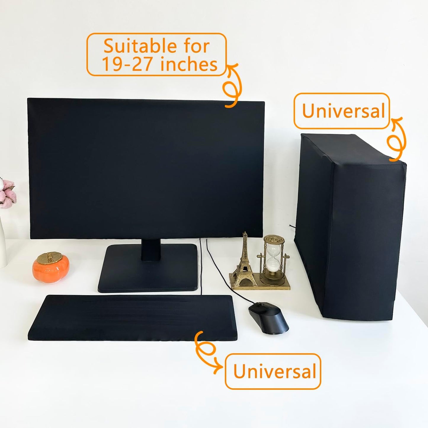 3-Piece Computer Dust Cover Set - Waterproof & Dustproof with Elastic Fabric, Pure Black Minimalist Design, Includes mainframe Case, Keyboard & 19-27 Inch Monitor Covers , Universal Fit