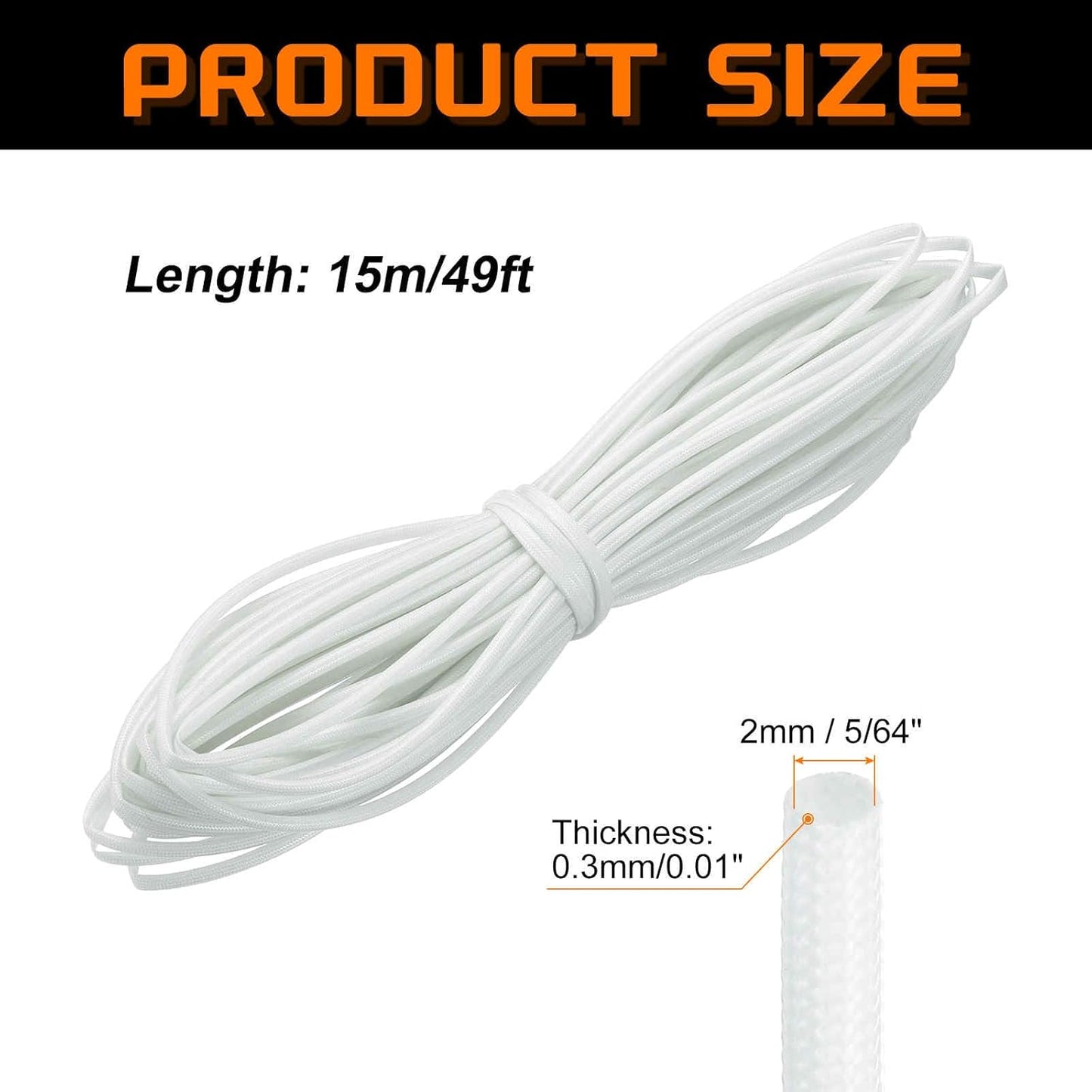 MECCANIXITY 49ft Braided Cable Sleeve, 5/64" ID 200C High Temperature 1500V Fiberglass Wire Insulation Cord Protector Organizer Wires Management for Motor Engine Fuel Line, White