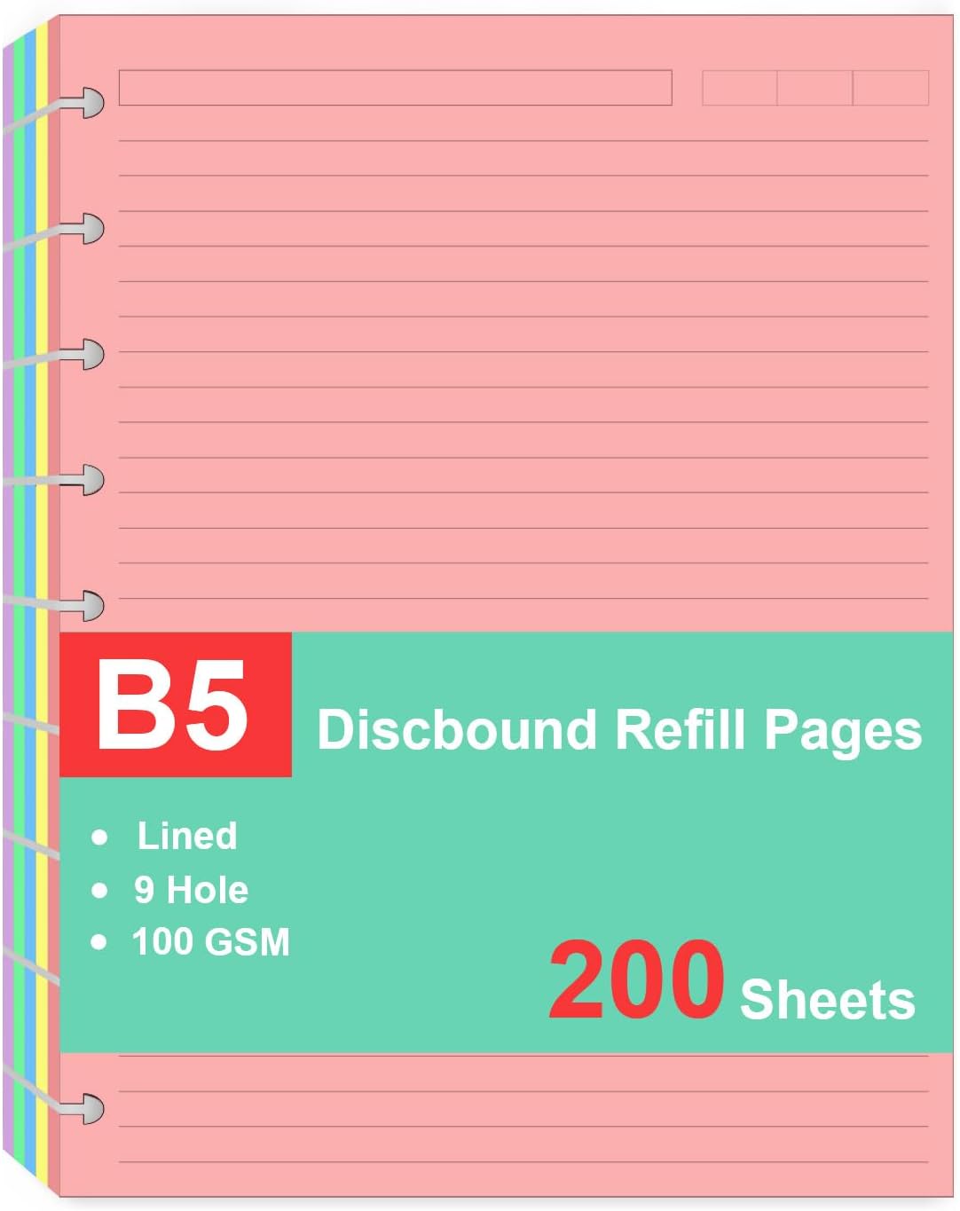(2 Pack)9 Disc Discbound Refill Paper, Loose Leaf Paper, 9 Disc Prepunched Paper for Happy Planner Inserts, 5 Colors(40 Sheets/C), Total 200 Sheets/400 Pages, College Ruled, 110gsm, 7 X 9.2.5 Inch