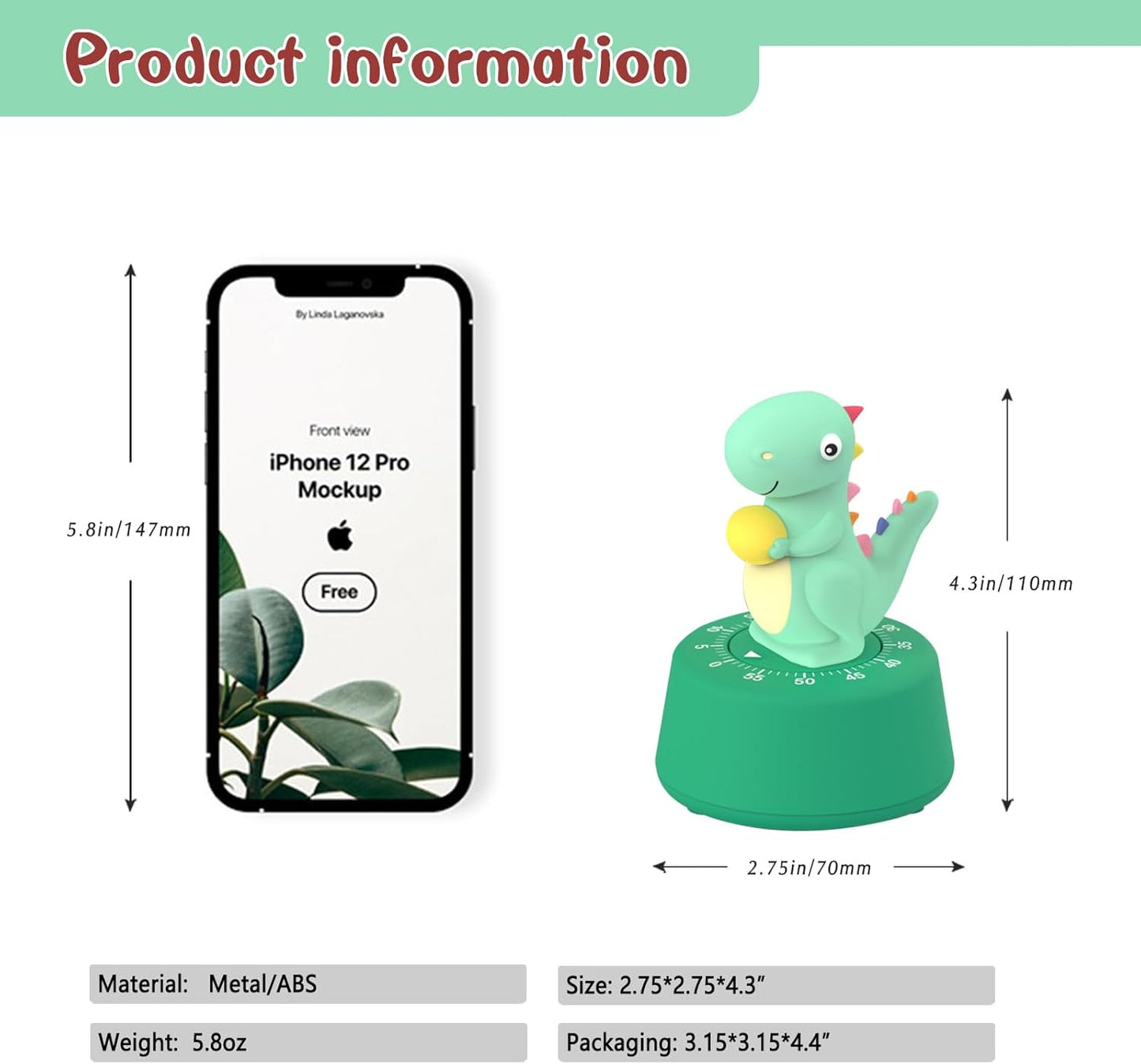 60 Minutes Mechanical Kitchen Timer,Cute Dinosaur Timer for Kids,Wind Up Egg Timer for Cooking,Reading,Classroom and Do Sports. (Light Green)