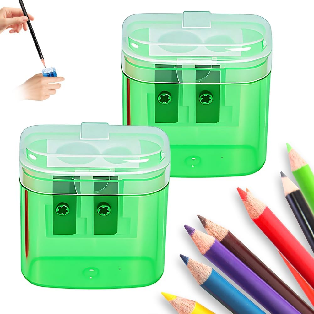 Pencil Sharpeners with Lid, Dual Holes Handheld Pencil Sharpener Manual for Standard and Jumbo Pencils, Compact Cute Sharpener for Kids Adults Students School Home Office (2*Green)