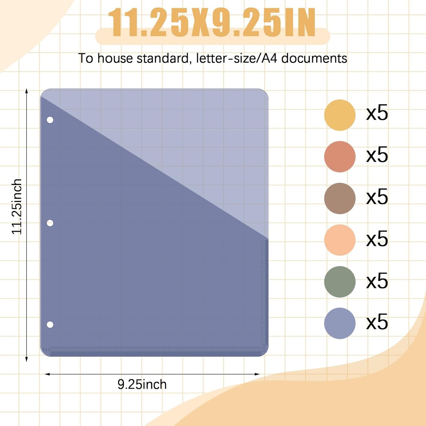 Maitys 30 Pack Binder Pockets 3 Hole Punch Clear Plastic Document Folders Binder Organizer Store Letter Size 8.5x11 Inch Paper Folders with Pockets Slash File Jacket for Office (Simple Color)