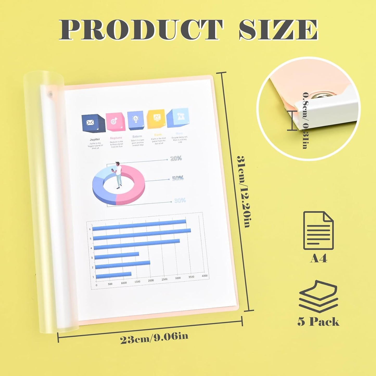 BAYTORY Clear Report Covers with Swing Clip, Plastic Folders for A4 and Letter Size Paper, 5 Pack Clear Front Presentation Binder for School Business, 40 Sheet Capacity/Pack (Morandi)