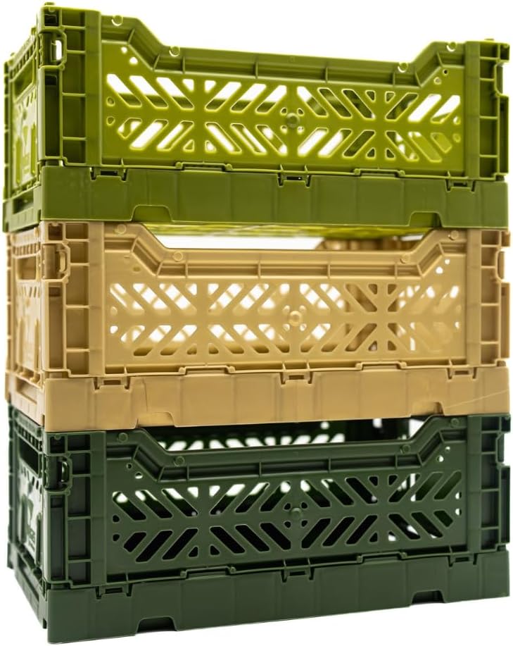 Collapsible Storage Box, Foldable Crate Organizer Bin with Handle, Stackable Crates for Home Organization (Olive-Gold-Khaki, 4L - 3-Pack)