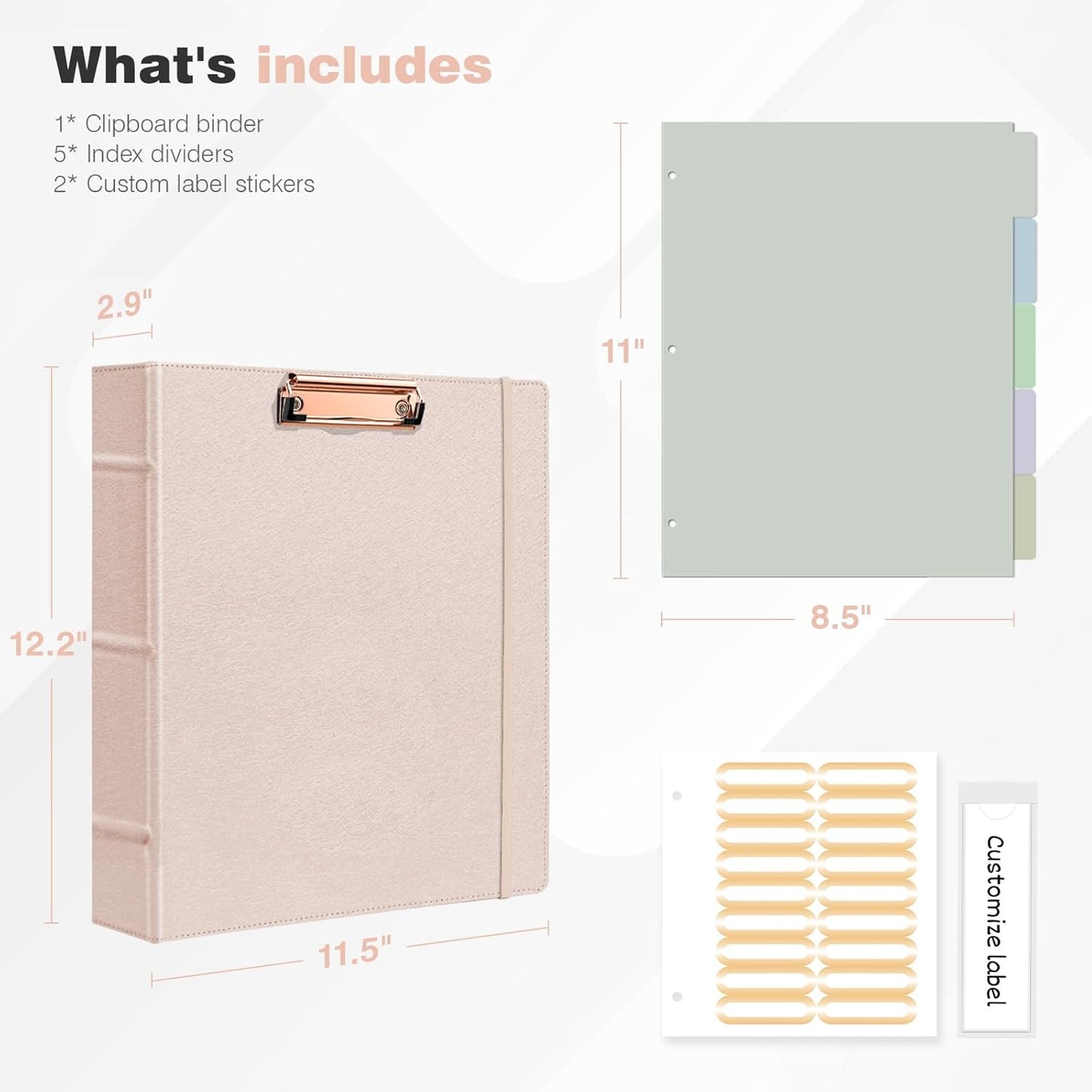 Ospelelf 3 Ring Binder with Clipboard 2 Inch Leather Binder for Letter Size (8.5" x 11"), Clipboard Binder with 5 Tab Dividers Back to School Supply, Rose Gold