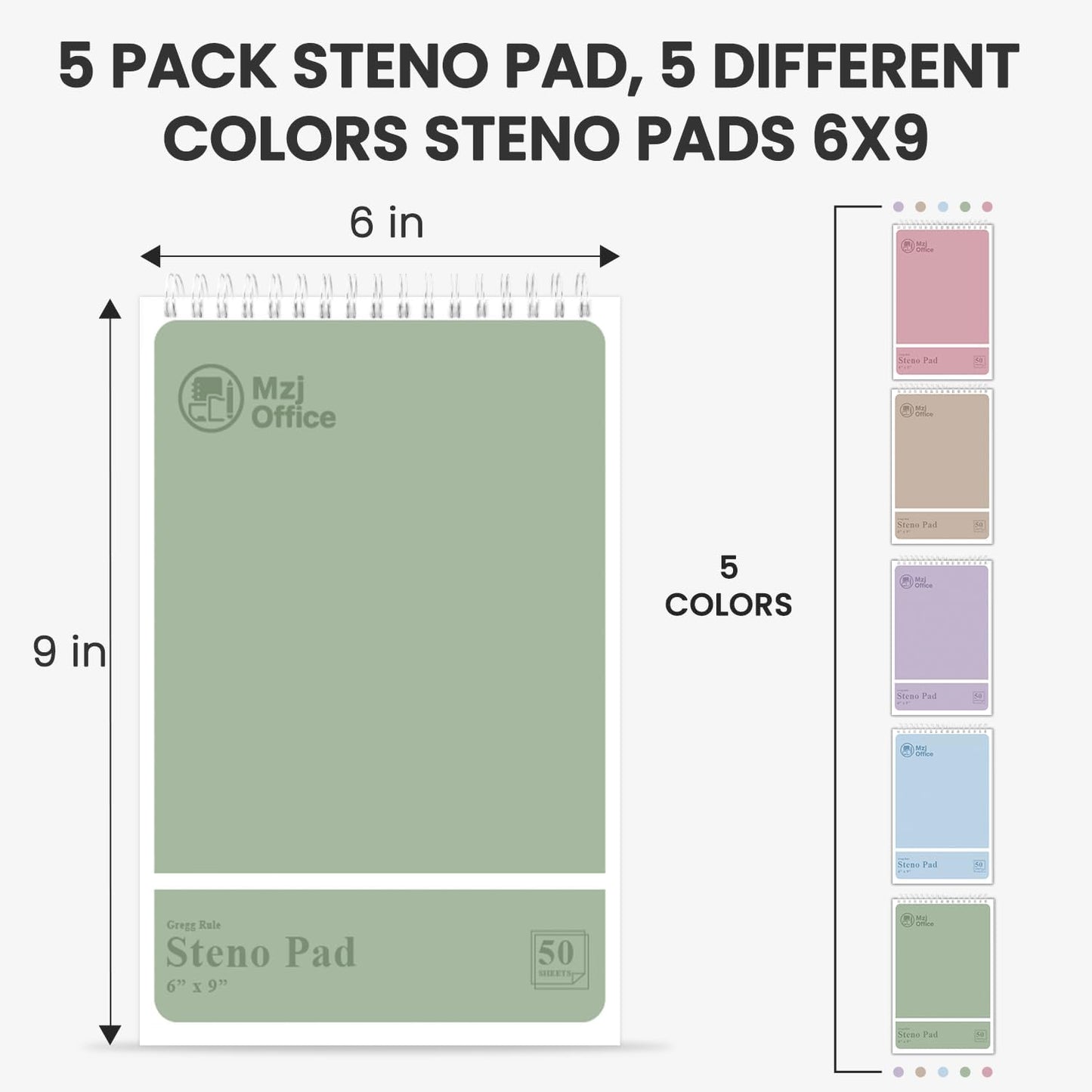 Steno Notebooks Top Spiral 6x9 | Steno Pads -5 Assorted Color | Steno Notepad Gregg Ruled | Spiral Notepads for Work, School, College, Office Note Taking | Professional Notebooks for Work.
