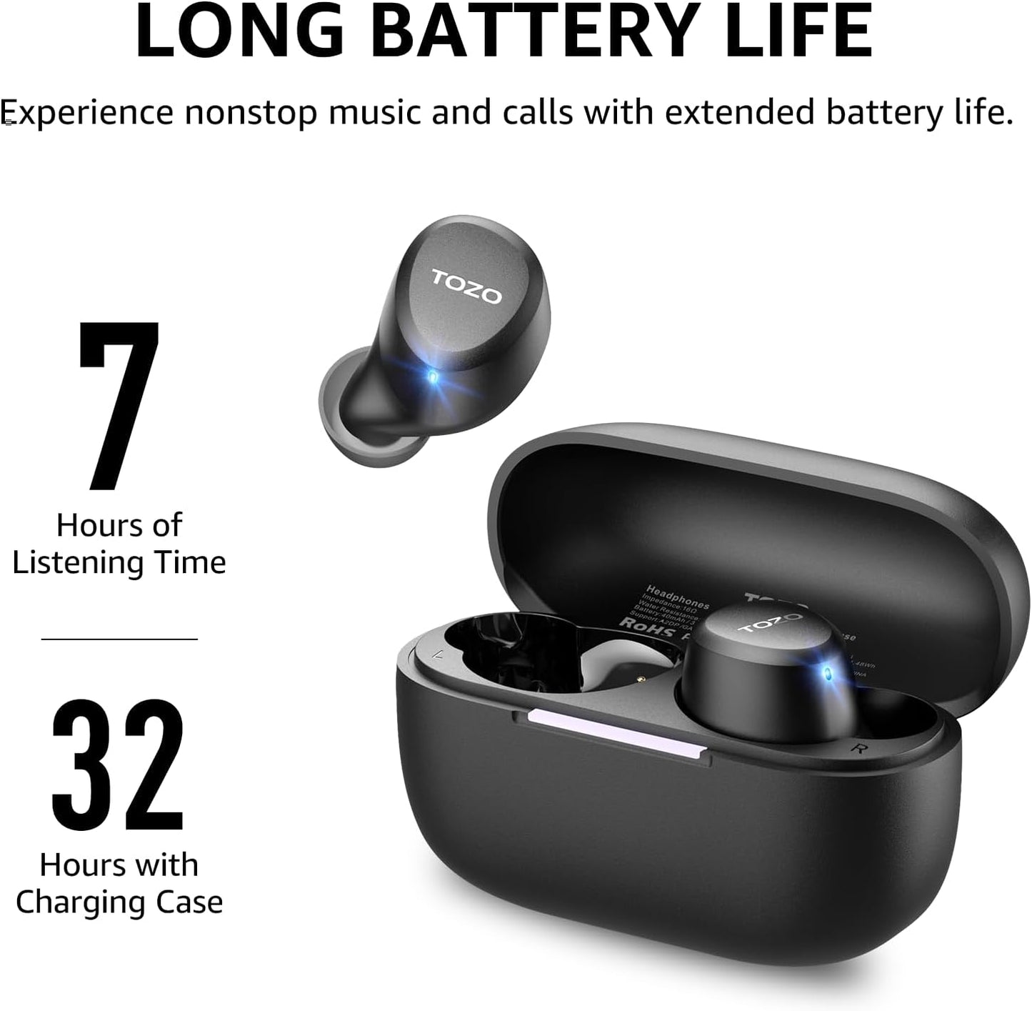 TOZO A1 Wireless Earbuds Bluetooth 5.3 Light Weight in Ear IPX5 Waterproof Headphones 2 Mic for AI Calls, Immersive Premium Sound Bass Headset with Charging Case, 32 Presets EQ Customization via App