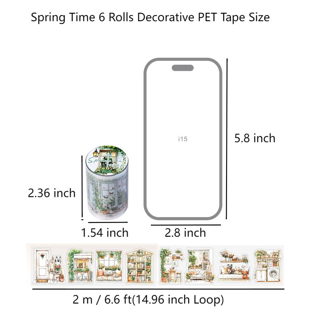 Transparent PET Window Garden Plant Flower Stickers Tape for Journaling, 6 Rolls Assorted Spring Themes Decorative Tape Set for Scrapbooking, Junk Journal Supplies, Bujo, DIY Arts Crafts