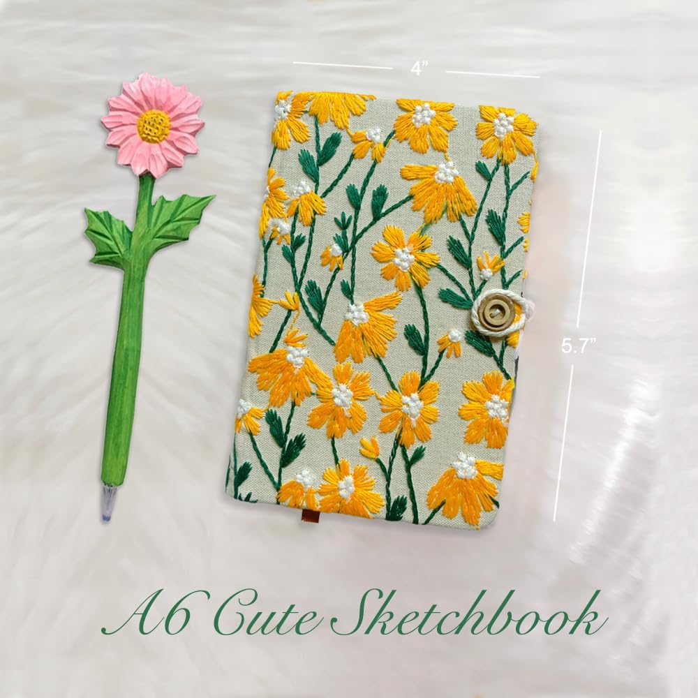 Daisy Gifts for Women, Flower Embroidered Journal, A6 Pocket Sketchbook, Small Unlined Notebook 4x6, Hardcover, Lay Flat, Cute Notebooks, Pretty Journal, Yellow Daisy