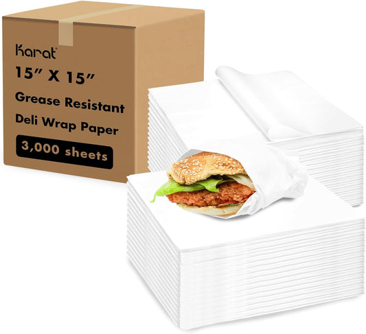 Karat [3,000 ct] 15"x15" Deli Paper Sheets | White Grease-Resistant Wrapping Paper | Great for Larger Sandwiches, Burger Baskets, and Catering Trays