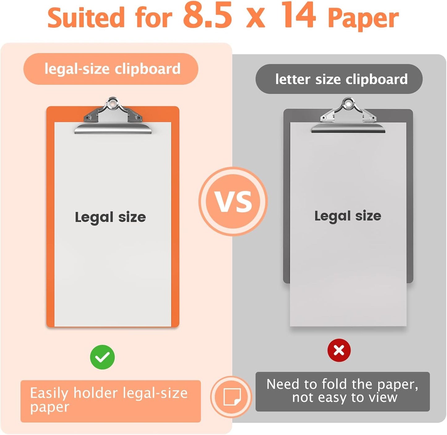 Legal Size Clipboard, Orange Plastic 8.5 x 14 Clip Board for Lawers, Heavy Duty Butterfly Clip, 9 x 15 in, Office & School Supply(Pack of 10)