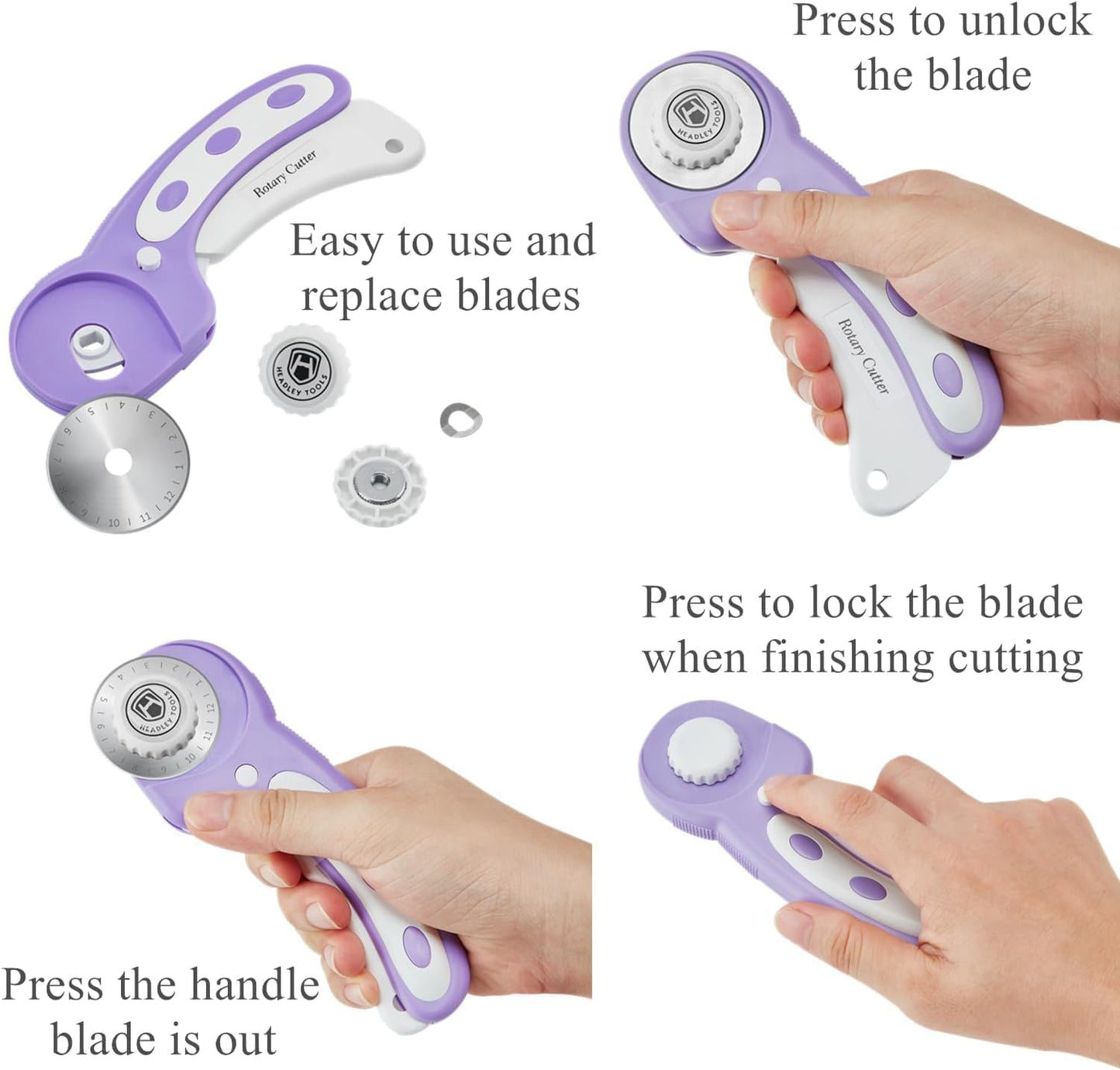 Headley Tools Rotary Cutter Set - 45mm Fabric Cutter, 5 Extra Rotary Blades, A1 Cutting Mat, Quilting Ruler and Sewing Clips, Craft Knife Set, Ideal for Crafting, Sewing, Patchworking, Purple