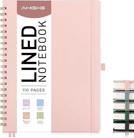 AHGXG Lined Spiral Notebook 8.5" x 11", A4 Large Notebooks for Women Men, Hardcover Leather Notebook College Ruled, 100 GSM Thick Paper, Notebooks for Work School Note Taking Writing, Rose Gold