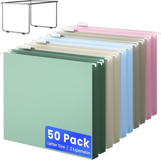 Hanging File Folders Letter Size, Metal File Frame with 50 Pcs Colored Hanging File Folders, 2'' Extension 1/5-Cut Tabs File Organizer Includes Hanging Folders for Desk Office Filing Cabinet