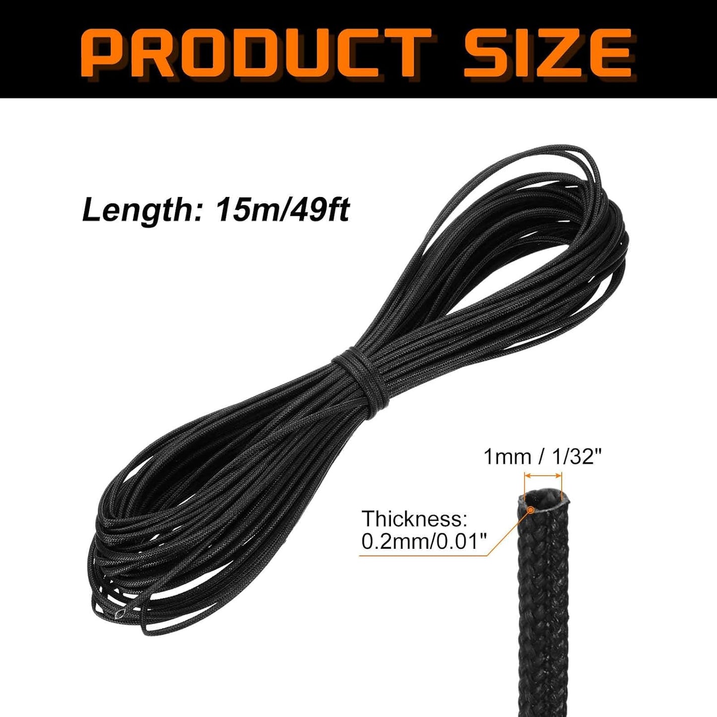 MECCANIXITY 49ft Braided Cable Sleeve, 1/32" ID 200C High Temperature 1500V Fiberglass Wire Insulation Cord Protector Organizer Wires Management for Motor Engine Fuel Line, Black