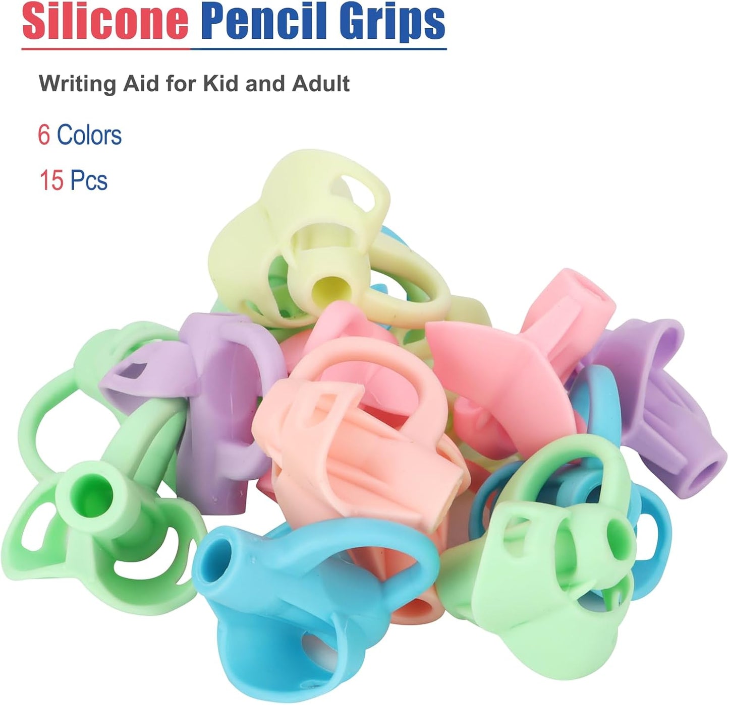 15 Pcs Pencil Grips with 3 Finger Rings for Kids Handwriting, 6 Colors Pencil Holders for Toddler Writing Tool, Ergonomic Pencil Gripper Cushions for Preschooler Needs in Classroom