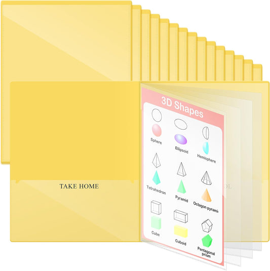 Henoyso 24 Pcs School and Home 2 Pocket Folders with 4 Clear Inner Pockets Plastic Heavy Duty Homework Folders Parent Teacher Communication for Student Home Office Classroom,11 x 9 Inch (Yellow)