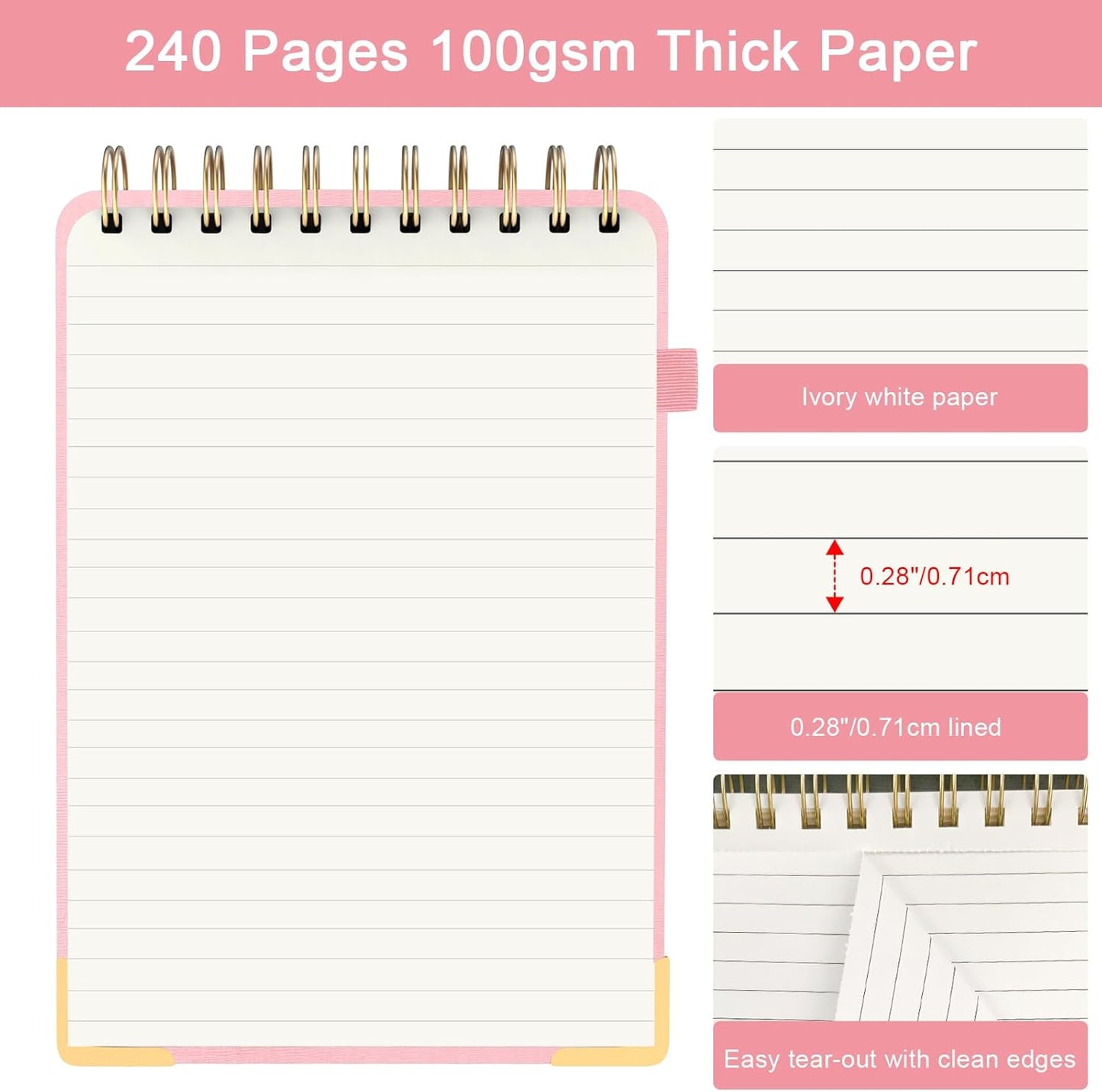 Aesthetic Top Spiral Notebook, A5 Linen Hardcover Top Bound Steno Pads, 240 Pages 100gsm Thick Lined Paper Left Handed Notebook Journal for Work, School, Church Writing - Pink, 5.9" x 8.5"