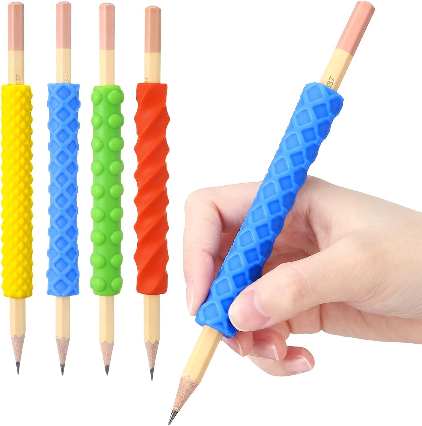 4 Pack Textured Fidget Pencil Grips with 4 Pencil, Silicone Sensory Fidget Toys for Adults Autism Calming, ADHD Tool, Anxiety Relief, Quiet Classroom, Quite Tool Gifts for Adults & Teens