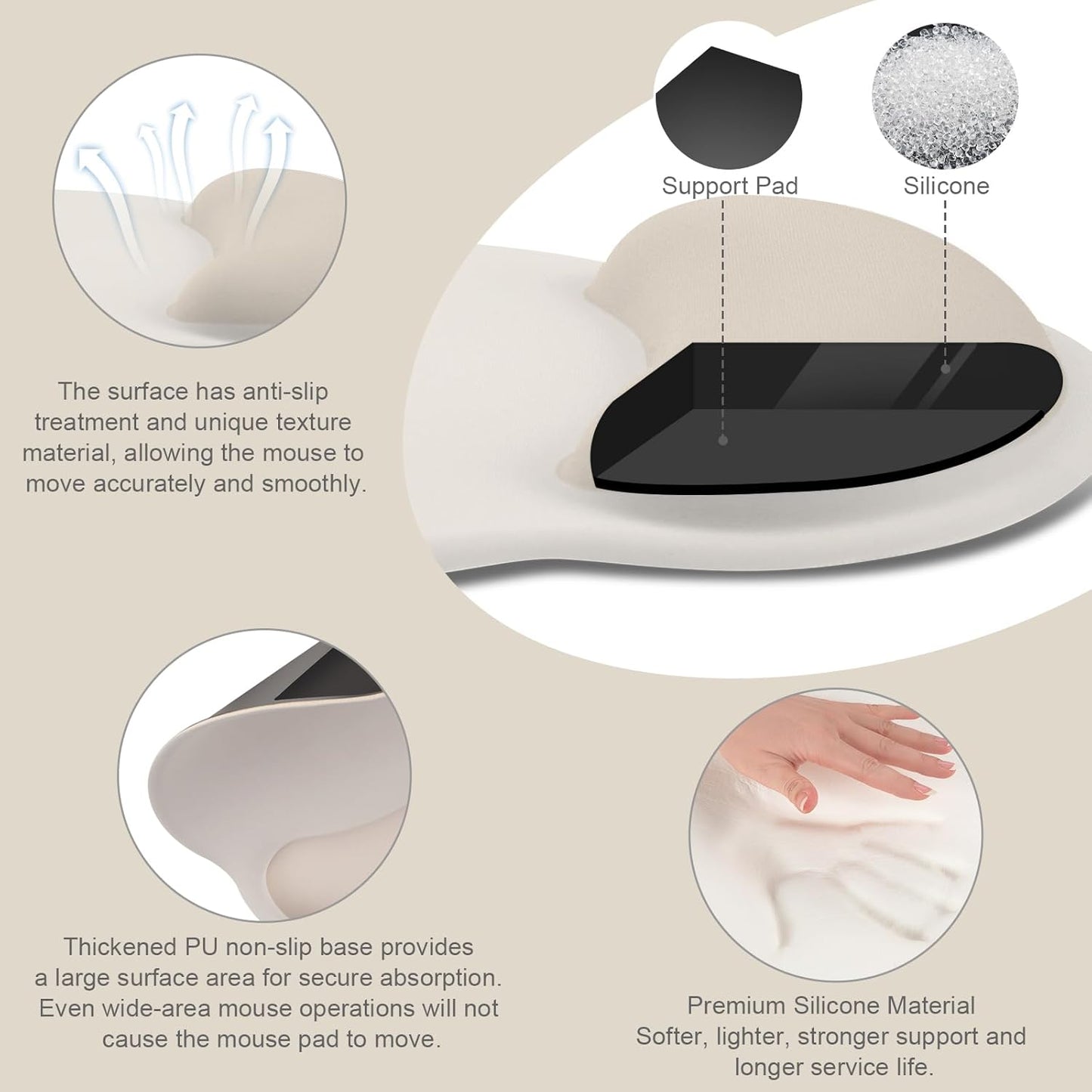 MOSISO Wrist Rest Support for Mouse Pad&Keyboard Set, Circle Curved Ergonomic Mousepad&Coaster Non-Slip Base Home/Office Pain Relief&Easy Typing Pad with Soft Cloth&Silicone Lining, Khaki