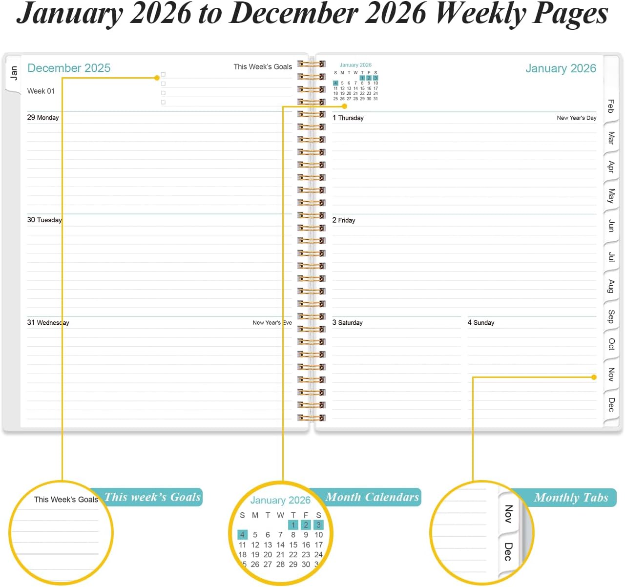 2026 Planner - 8.5" x 11" Weekly Monthly Planner from January 2026 to December 2026, Planners 2026 with 12 Monthly Tabs, Inner Pocket, Elastic Closure, Teal Leaf