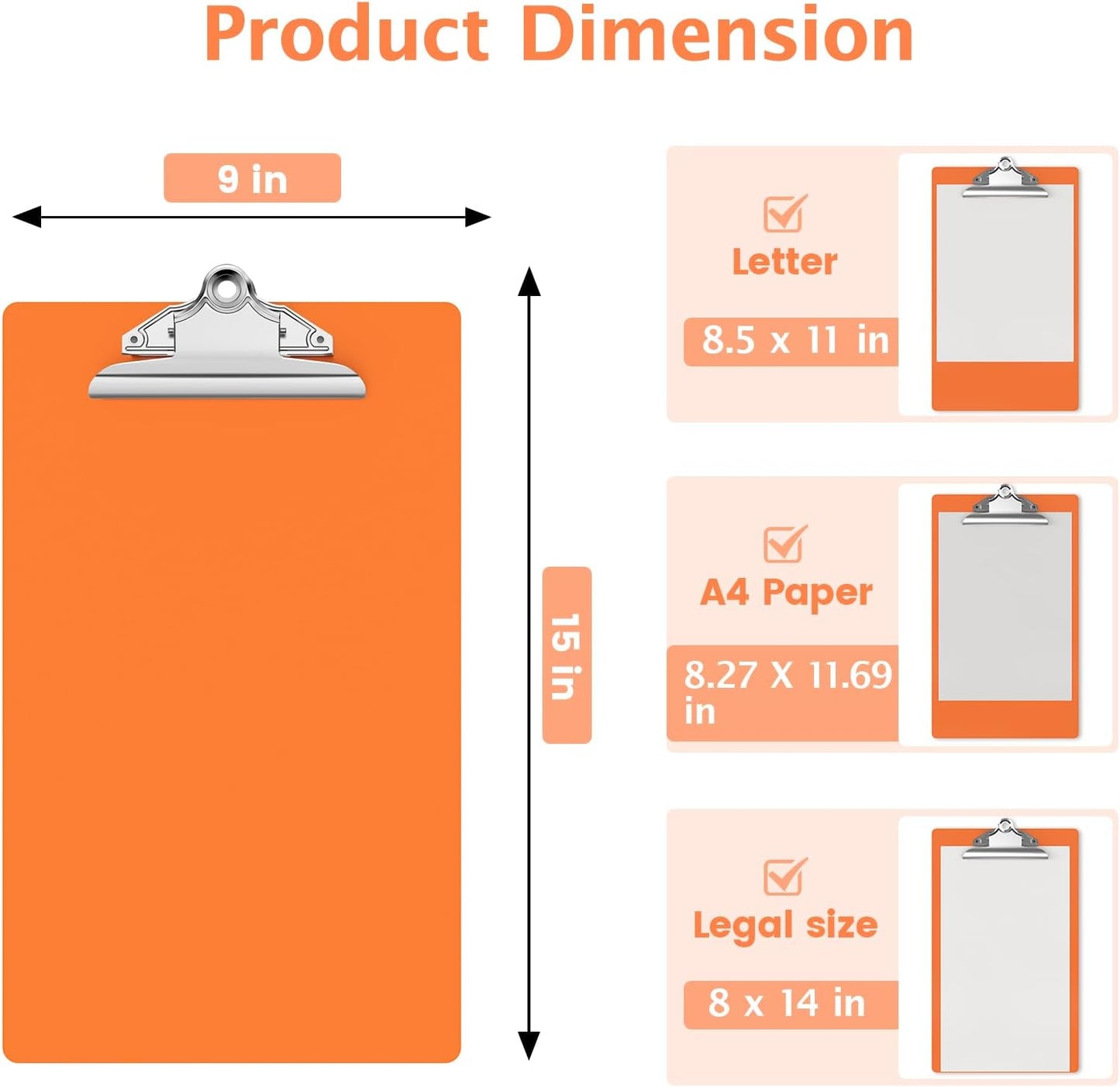 Legal Size Clipboard, Orange Plastic 8.5 x 14 Clip Board for Lawers, Heavy Duty Butterfly Clip, 9 x 15 in, Office & School Supply(Pack of 10)