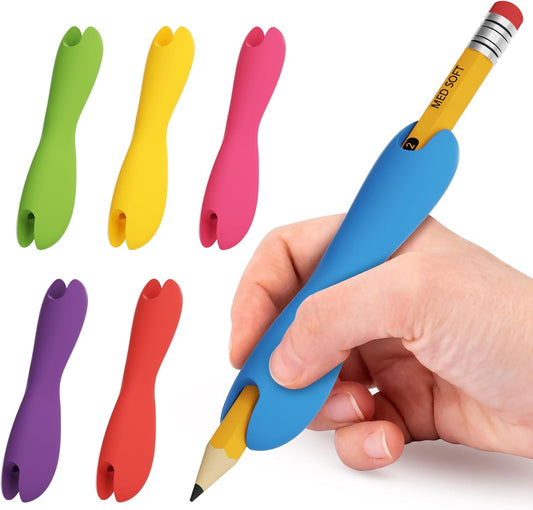 ELETIUO Pencil Grips for Kids and Adults,6-Pack Silicone Holders for Handwriting,Drawing,and Coloring,Ergonomic Dual-Head Design for Right or Left-Handed Use,Improves Grip Control,Assorted Colors