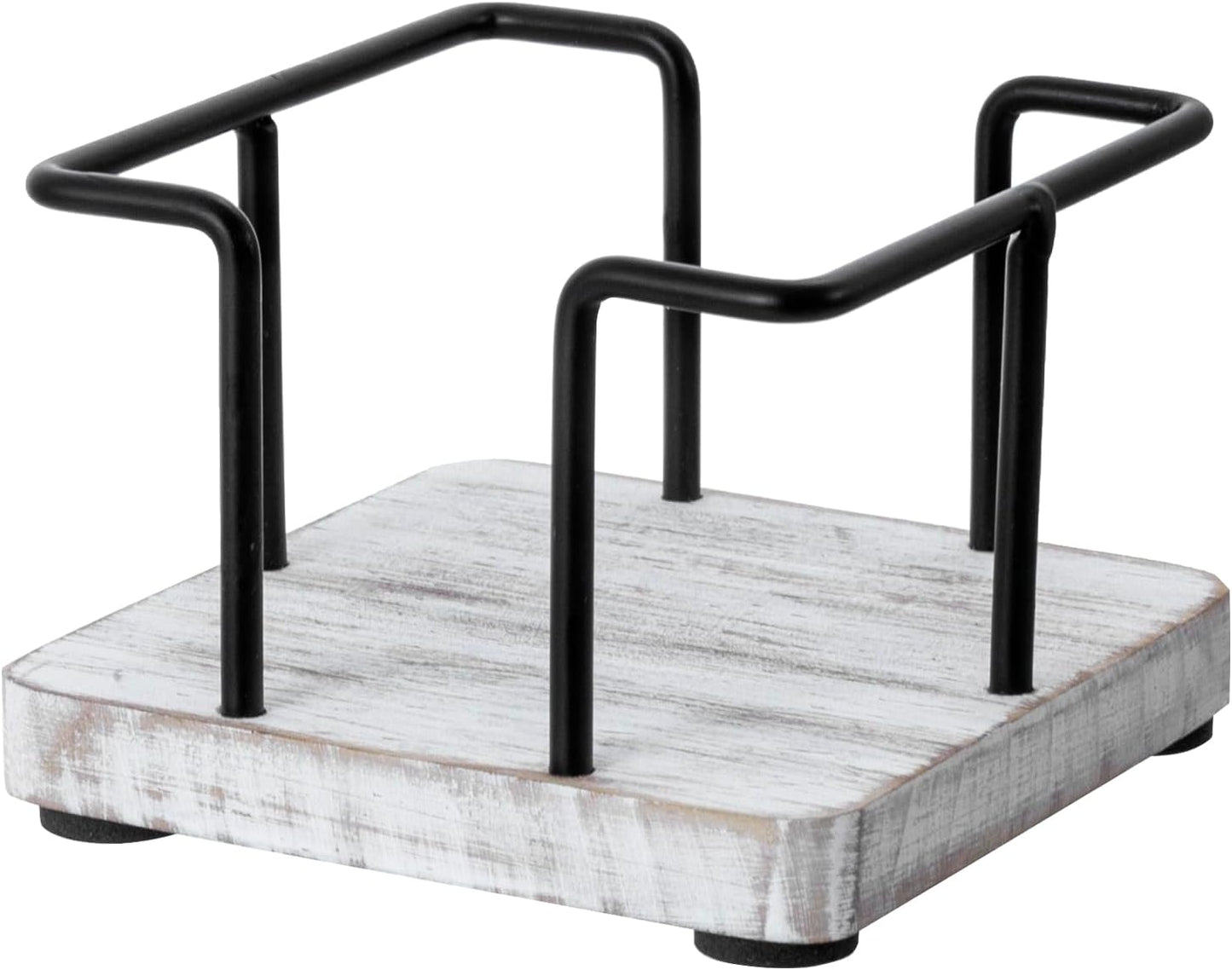 MyGift Shabby Whitewashed Solid Wood and Industrial Matte Black Metal Wire Sticky Note Cube Holder, Office Desktop Self Adhesive Memo Pad Storage Dispenser