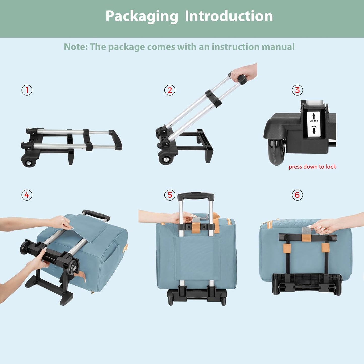 MATEIN Rolling Teacher Tote Bag, 15.6 Inch Rolling Briefcase for Women with Wheels & Detachable Cart, Roller Laptop Bag on Wheels with Insulated Lunch Box for College Business Office, Blue